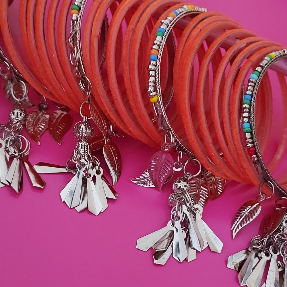 Colorful Beaded Bangle Set with Silver Accents